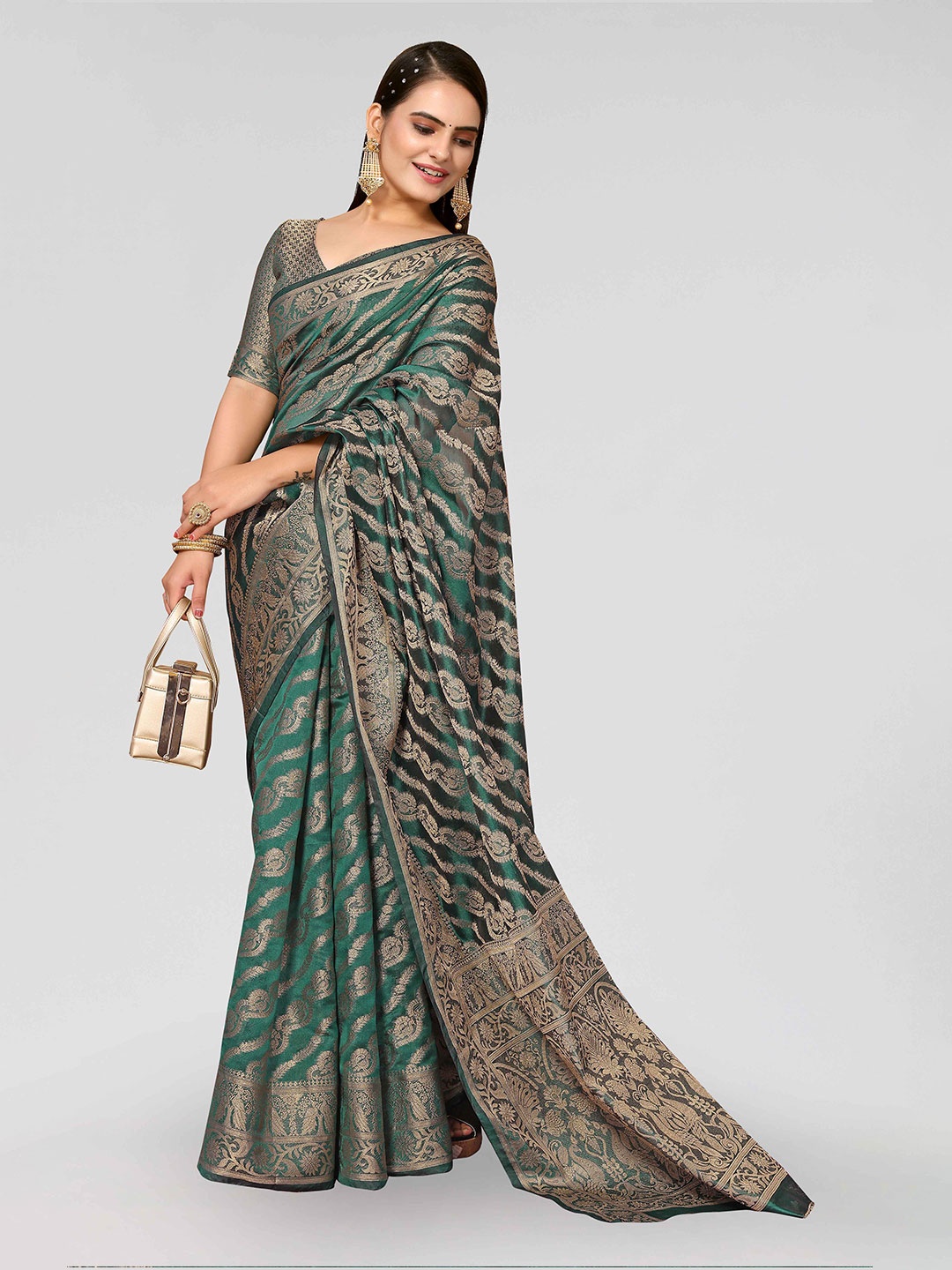 

DIVASTRI Ethnic Motifs Woven Design Zari Banarasi Saree, Green