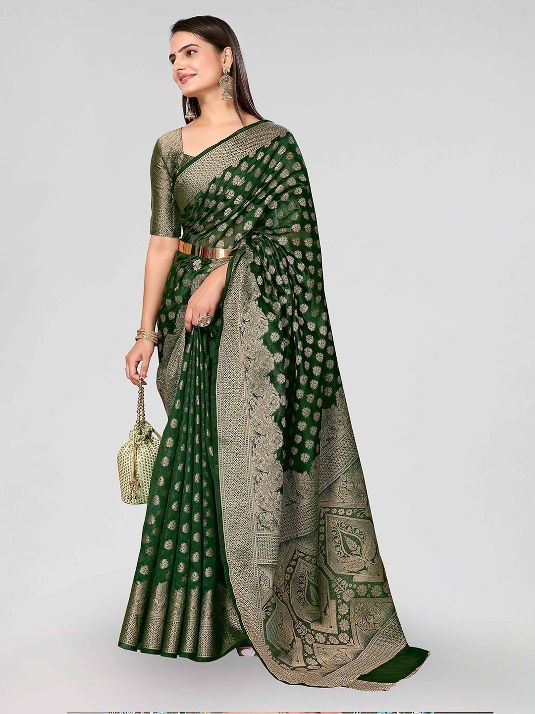 

DIVASTRI Ethnic Motifs Woven Design Zari Banarasi Saree, Green
