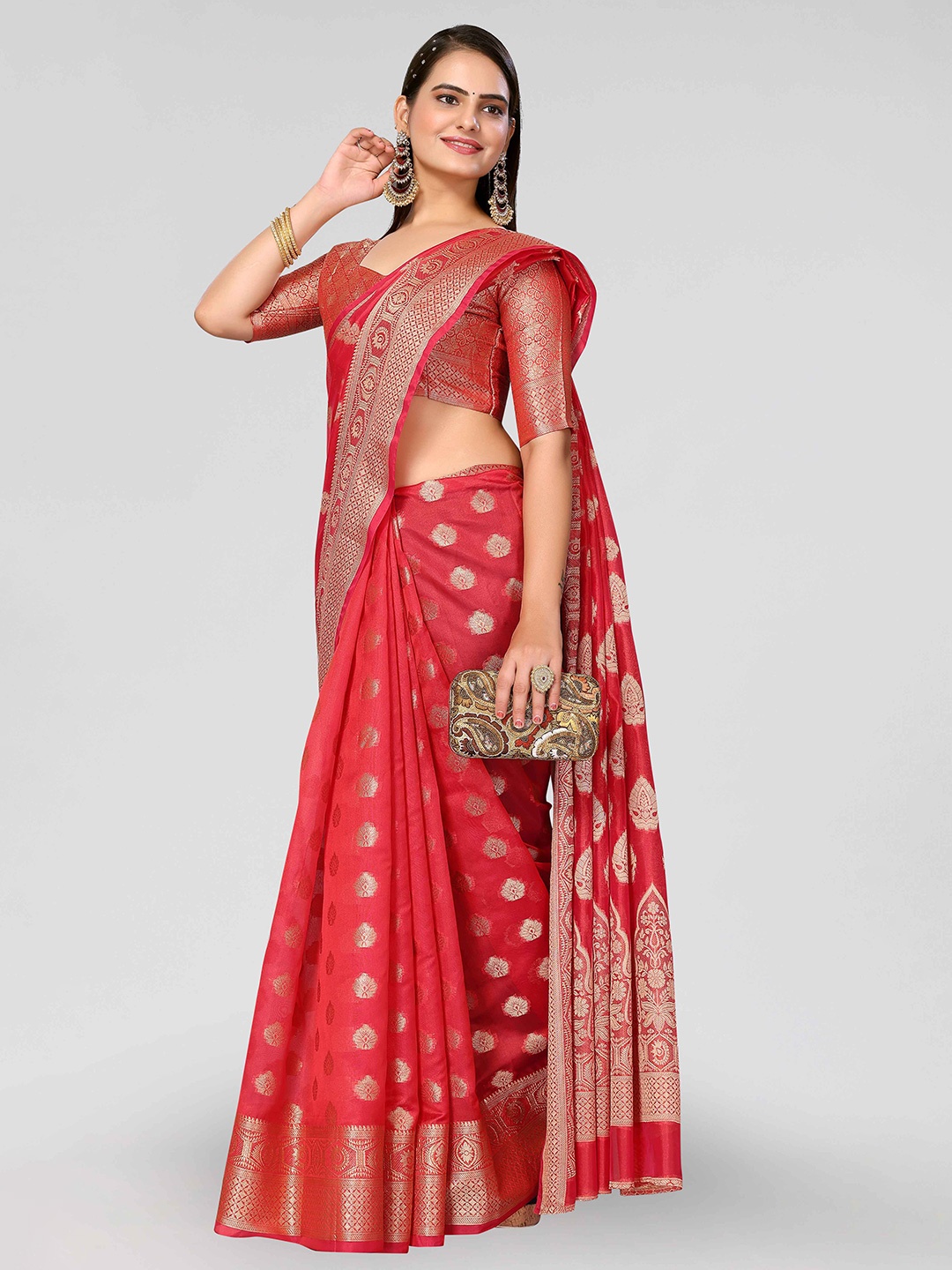 

DIVASTRI Ethnic Motifs Woven Design Zari Banarasi Saree, Red