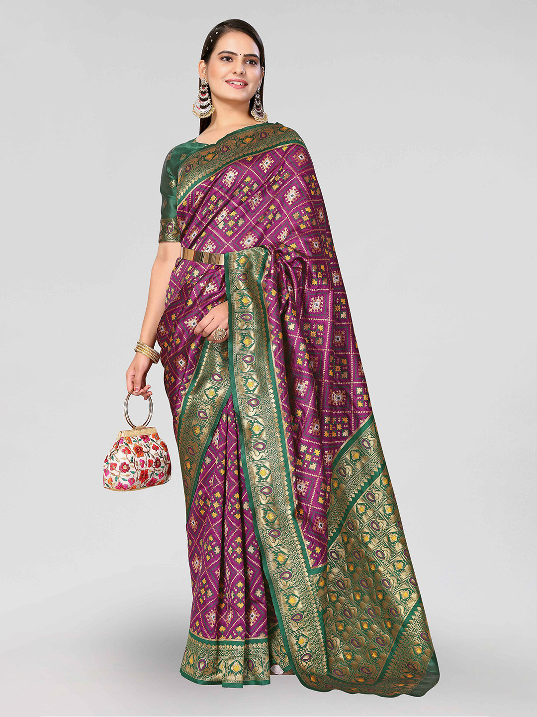 

DIVASTRI Woven Design Zari Silk Blend Patola Saree, Purple