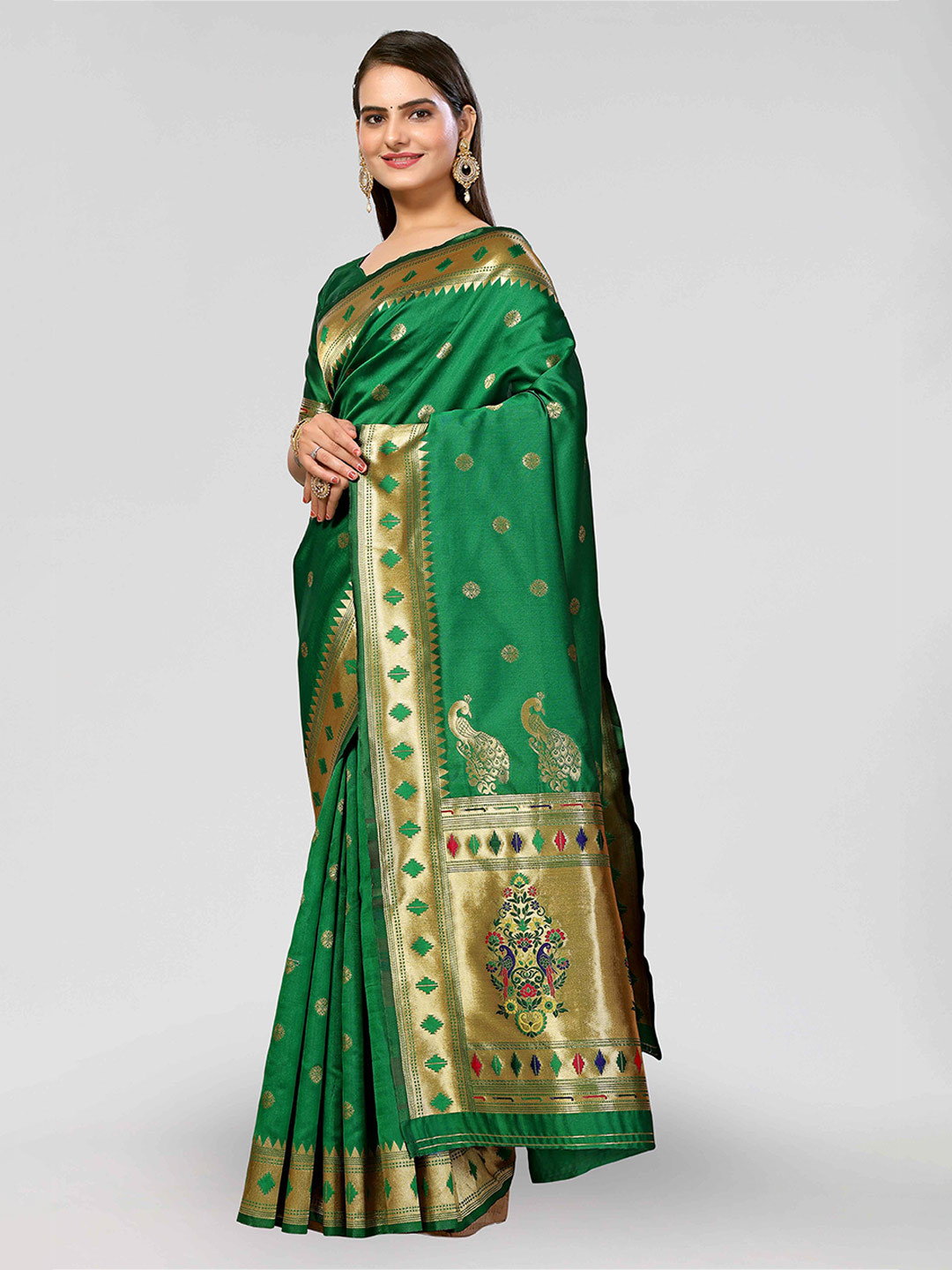 

DIVASTRI Woven Design Zari Silk Blend Paithani Saree, Green