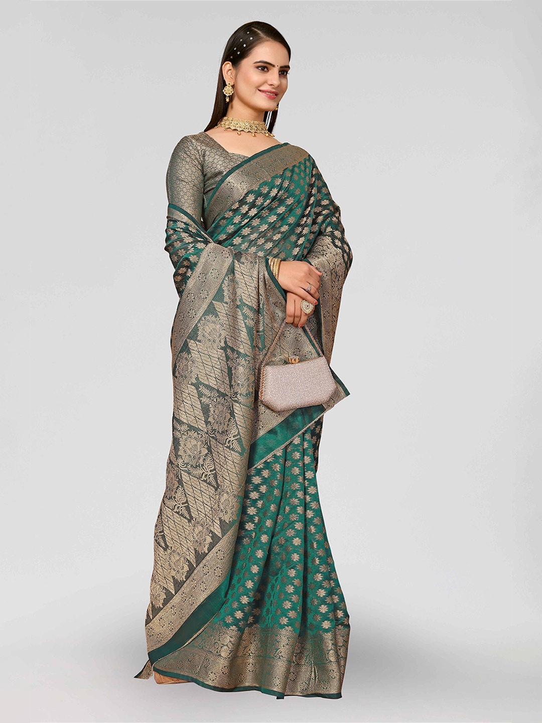 

DIVASTRI Ethnic Motif Woven Design Zari Banarasi Saree, Teal