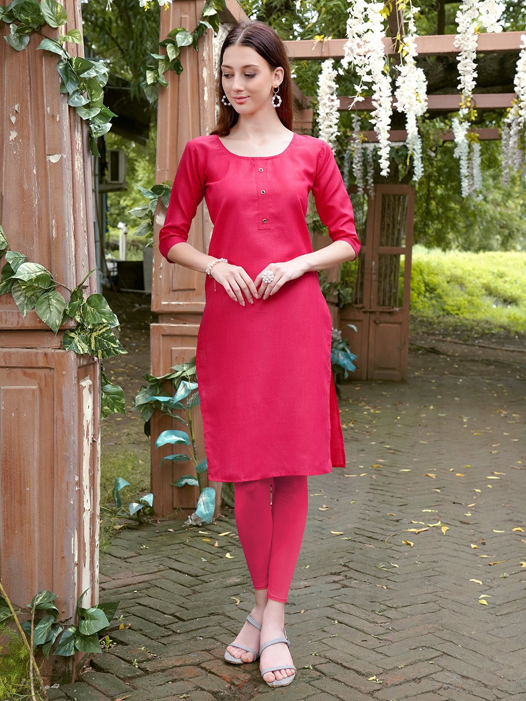 

Anouk Pink Round Neck Cotton Straight Kurta
