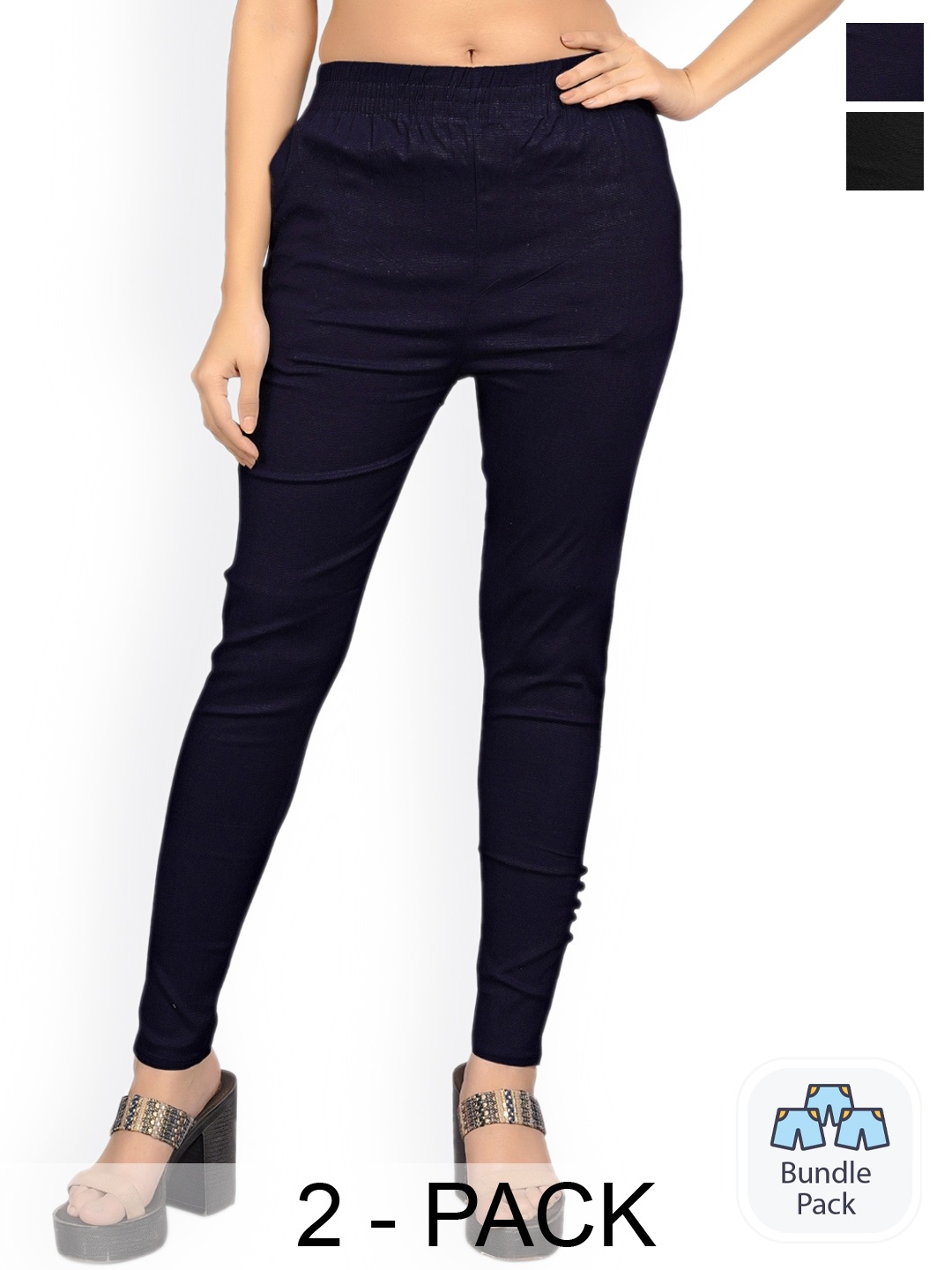 

MYSHA Women Pack Of 2 Custom Straight Fit Easy Wash Trousers, Navy blue