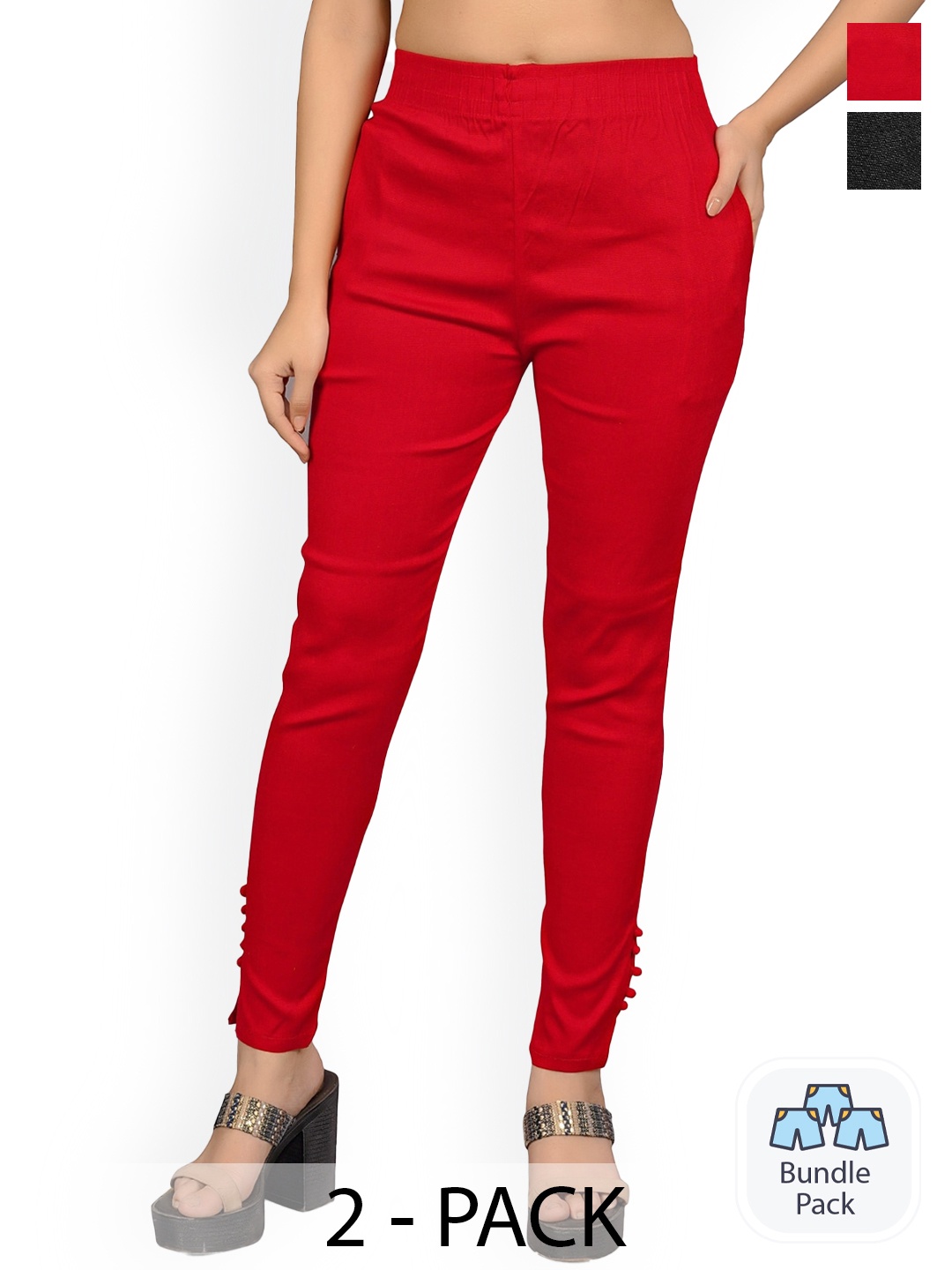 

MYSHA Women Pack Of 2 Custom Straight Fit Easy Wash Trousers, Red