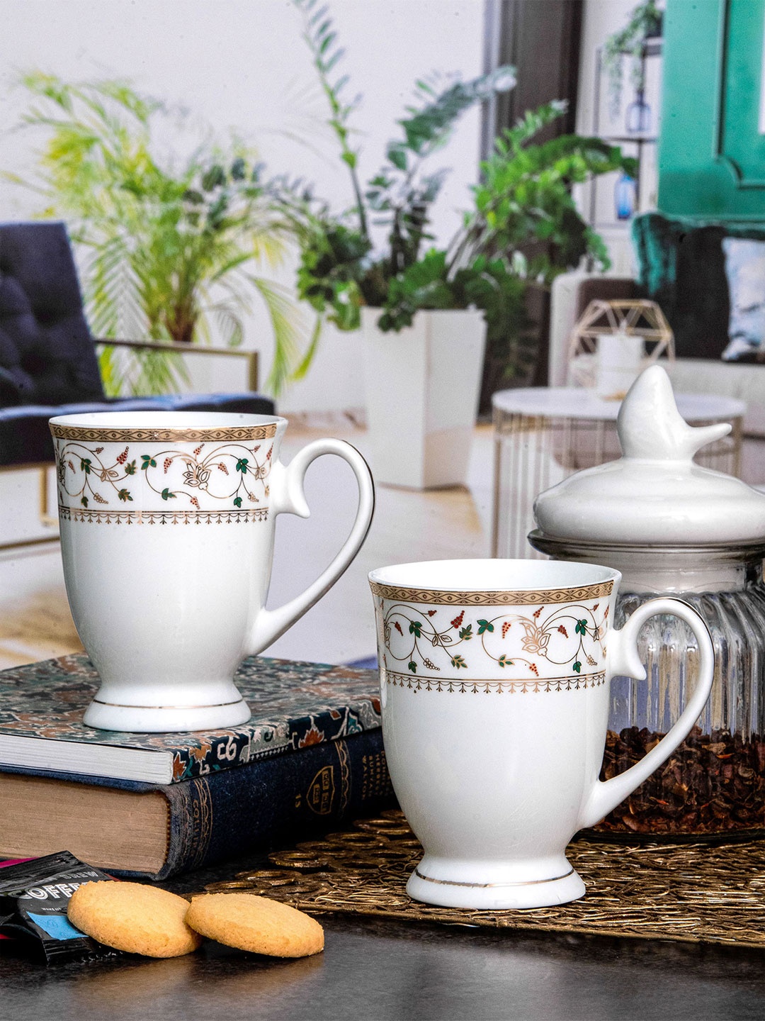 

SONAKI White & Green 2 Pieces Floral Printed Bone China Glossy Mugs - 320 Ml Each