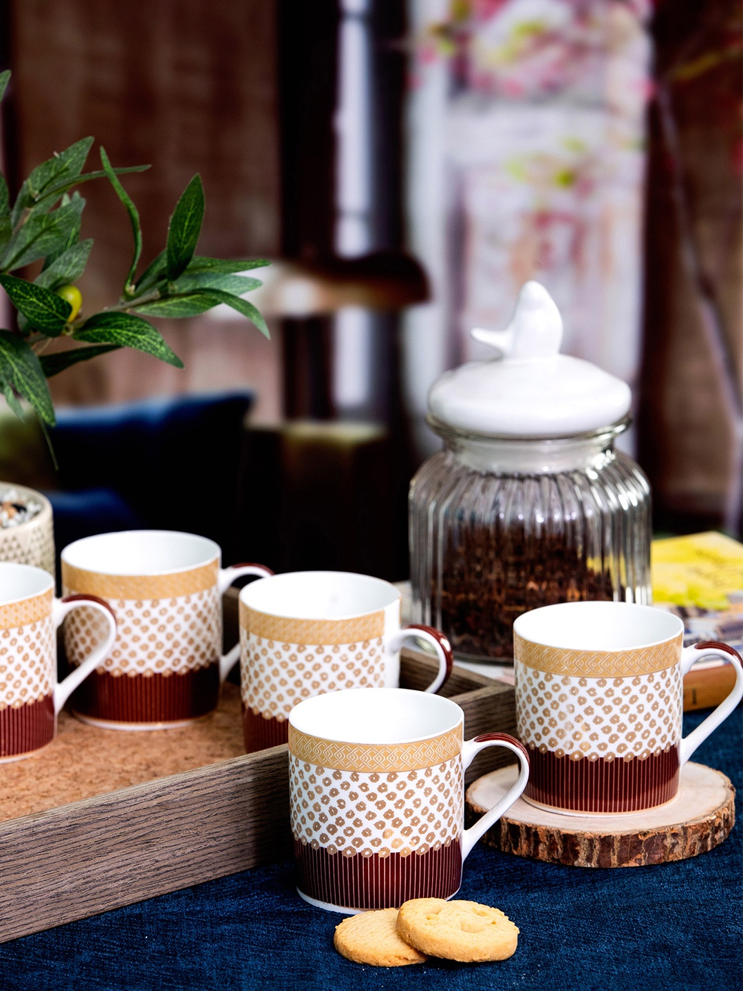 

SONAKI White & Brown 6-Pieces Printed Bone China Glossy Coffee Mugs 210 ml