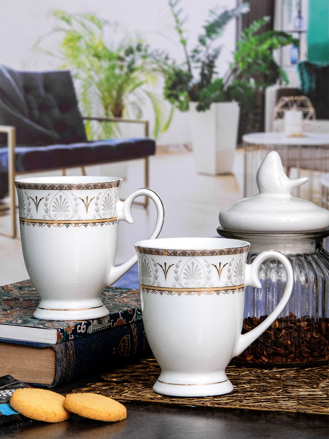 

SONAKI 2 Pcs White & Gold-Toned Printed Bone China Glossy Mugs - 320 ML Each