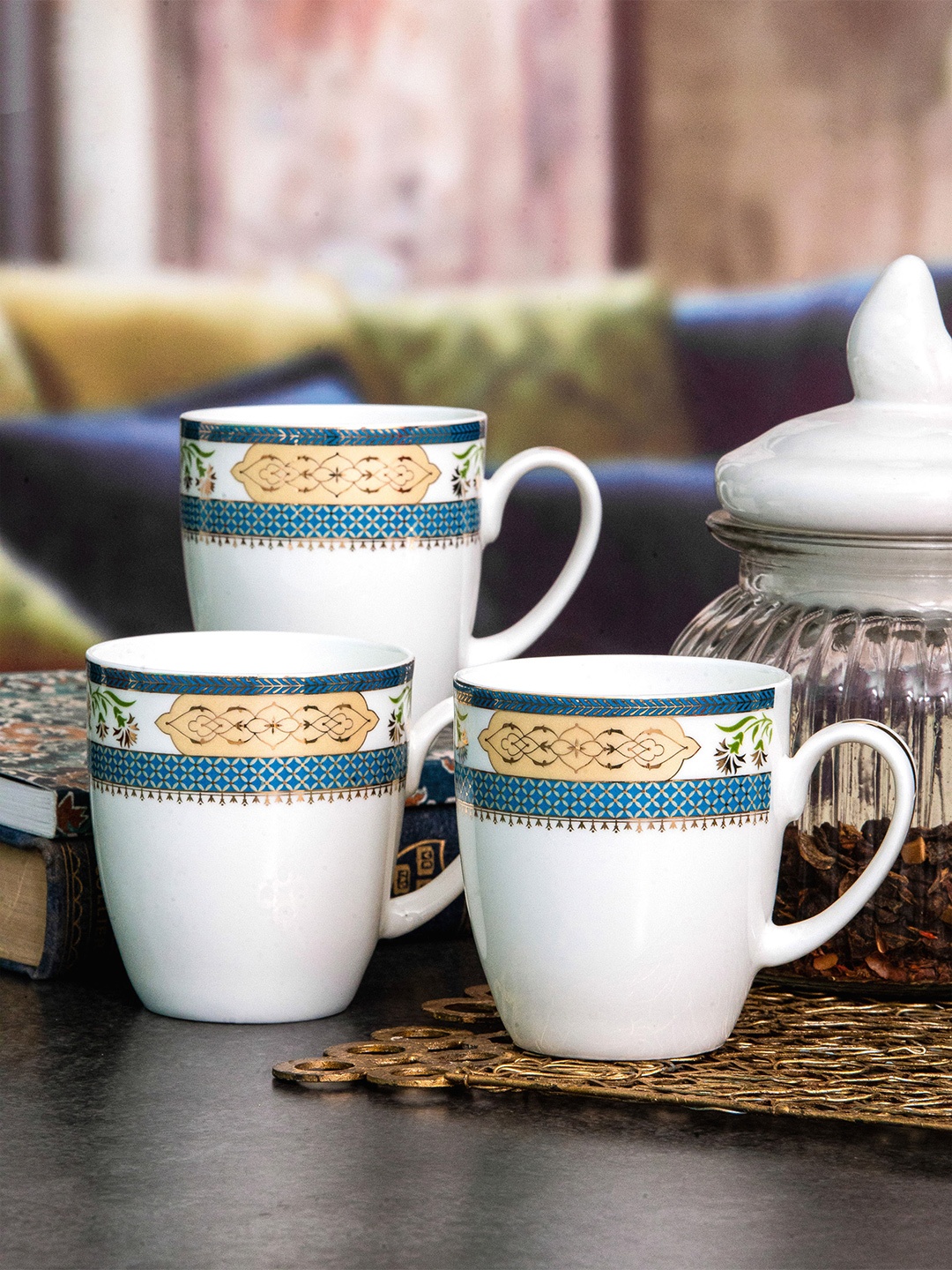 

SONAKI White & Blue 6 Pieces Printed Bone China Glossy Mugs