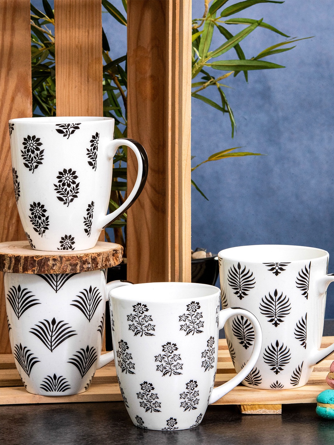 

SONAKI White & Black Floral Printed Bone China Coffee Glossy Mug