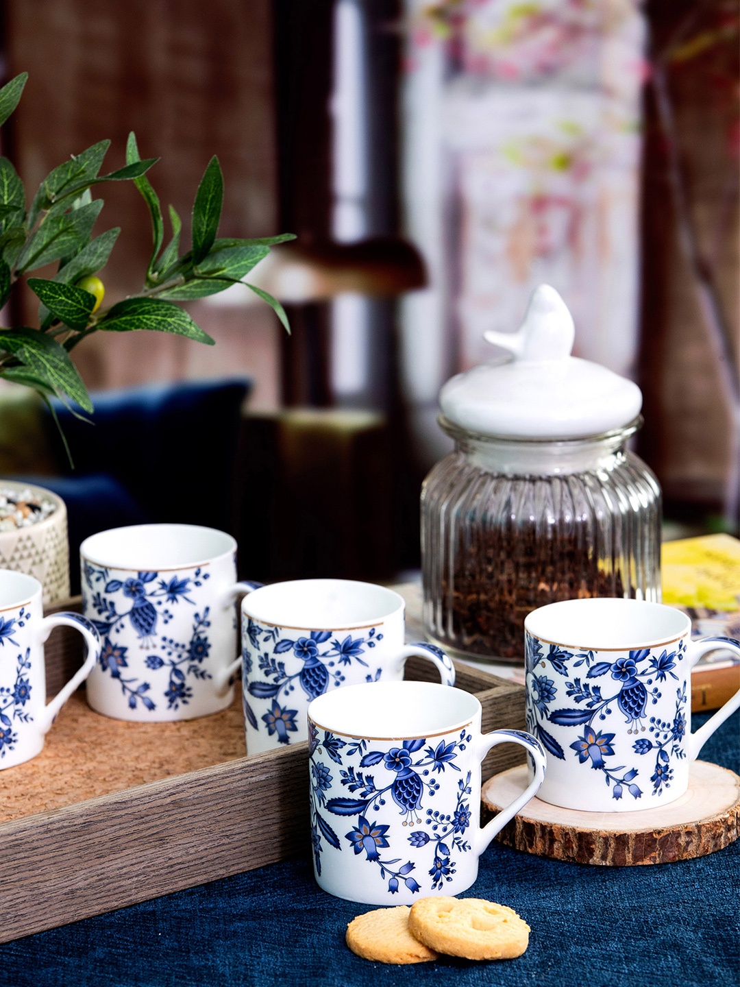 

SONAKI White & Blue 6 Pieces Printed Bone China Glossy Mugs - 210 ML Each