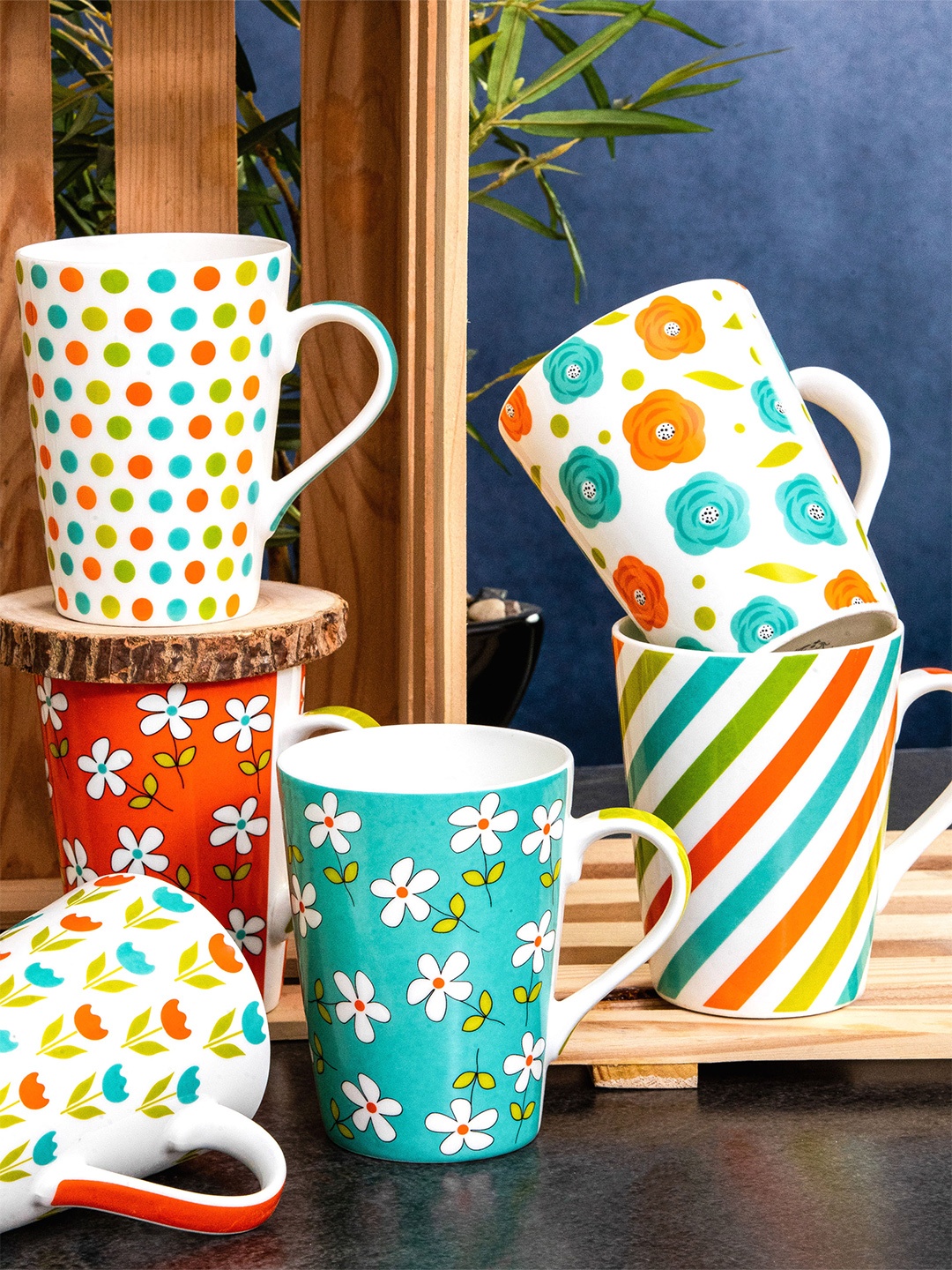 

SONAKI White & Green 6 Pieces Printed Bone China Glossy Mugs 400 ml