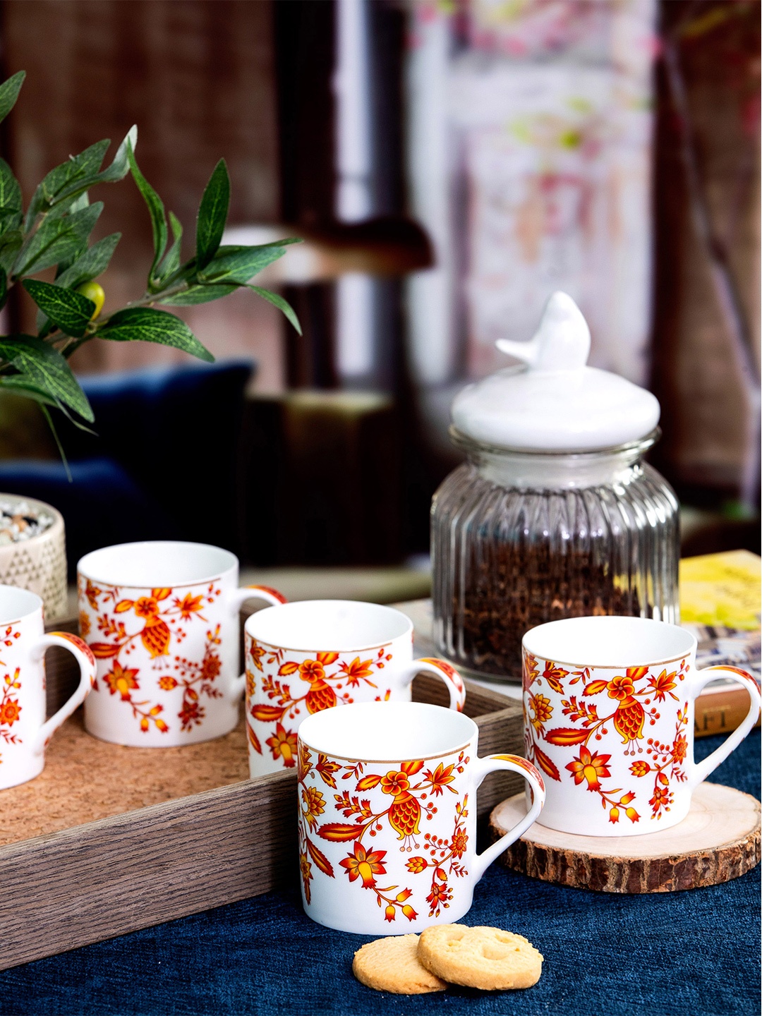

SONAKI White & Orange 6 Pieces Floral Printed Bone China Glossy Mugs 280ml Each