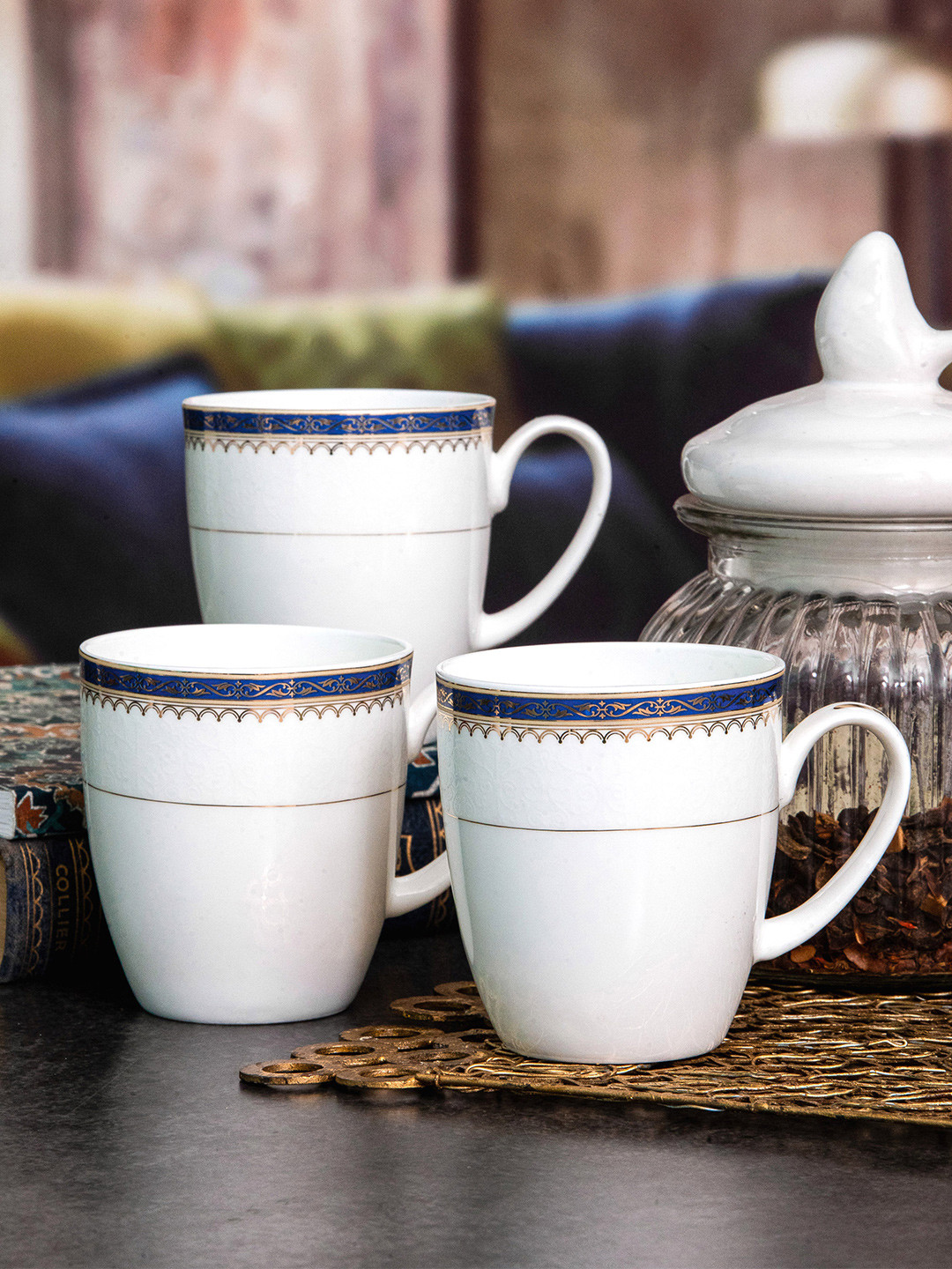 

SONAKI White & Blue 6 Pieces Printed Bone China Glossy Mugs - 240 ml Each