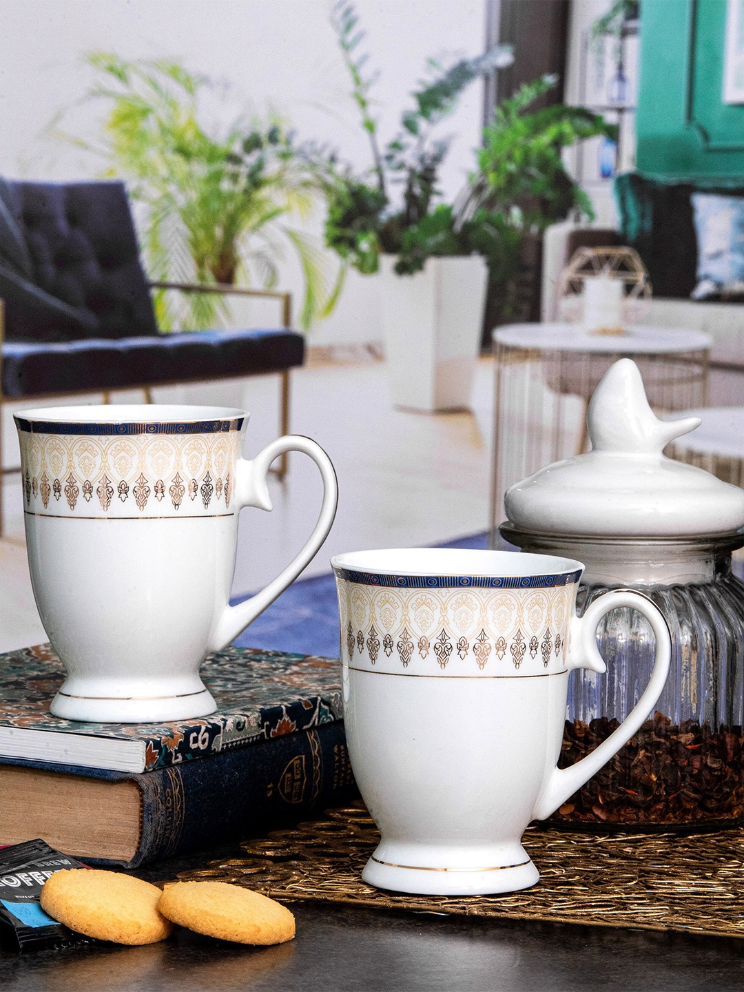 

SONAKI White & Gold-Toned 2 Pieces Printed Bone China Glossy Mugs - 320 ml Each