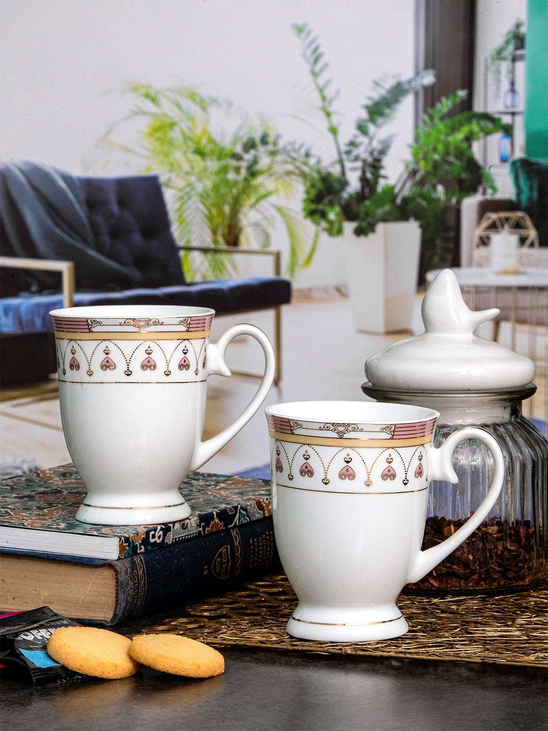

SONAKI White & Gold-Toned 2 Pieces Printed Bone China Glossy Mugs - 320 ml Each