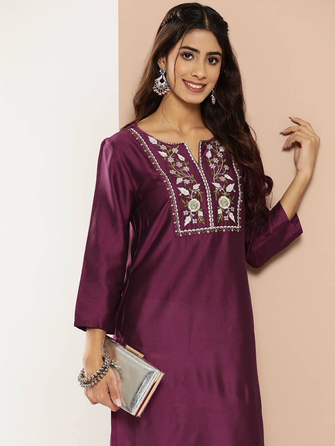 

HERE&NOW Floral Zari Embroidered Kurta, Purple