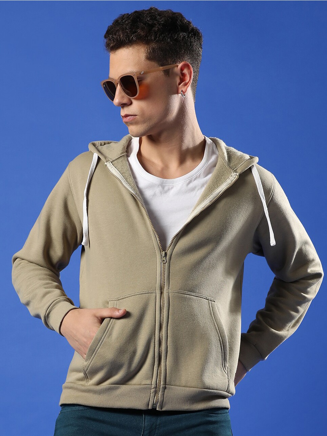 

Campus Sutra Beige Hooded Cotton Front Open Sweatshirt