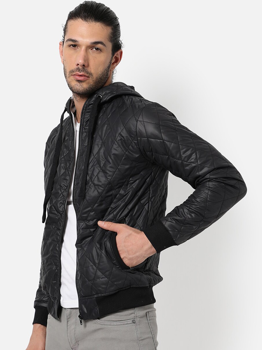 

Campus Sutra Men Black Windcheater Hooded Quilted Jacket