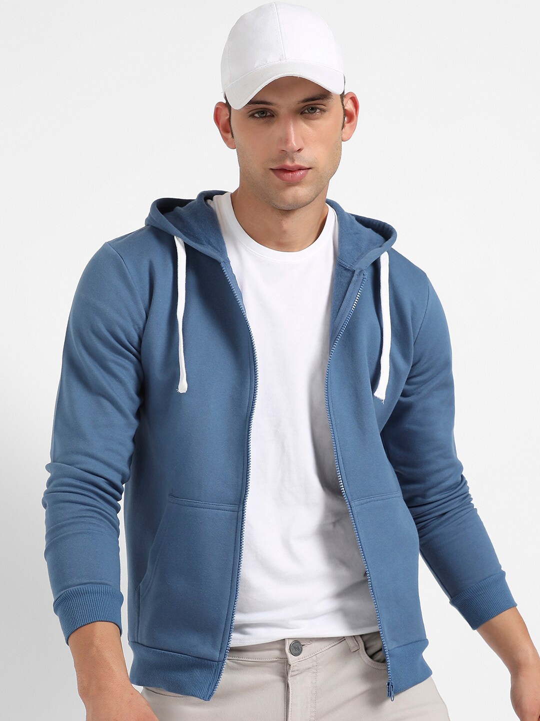 

Campus Sutra Blue Hooded Cotton Front Open Sweatshirt