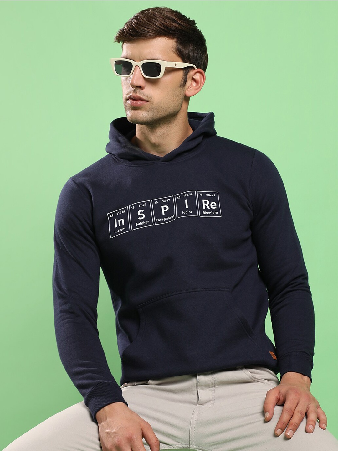 

Campus Sutra Navy Blue Typography Printed Hooded Cotton Pullover Sweatshirt