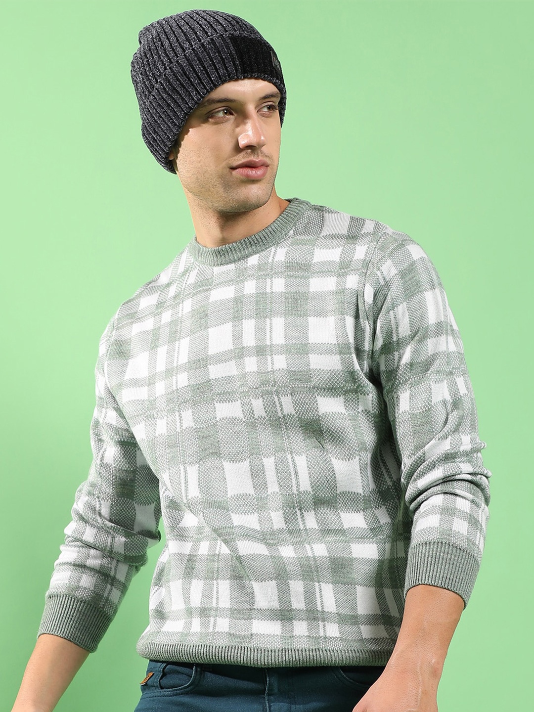 

Campus Sutra Checked Woollen Pullover, Green