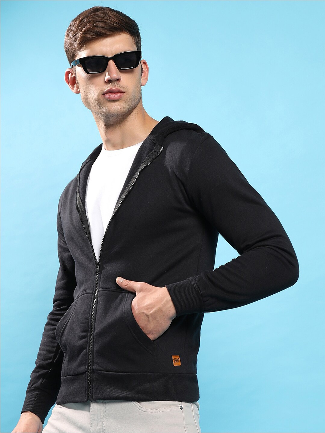 

Campus Sutra Black Hooded Cotton Front Open Sweatshirt