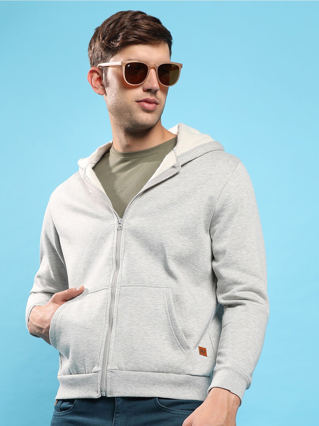 

Campus Sutra Grey Hooded Cotton Front Open Sweatshirt