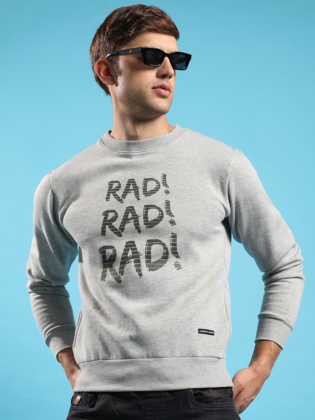 

Campus Sutra Grey Typography Printed Cotton Pullover Sweatshirt