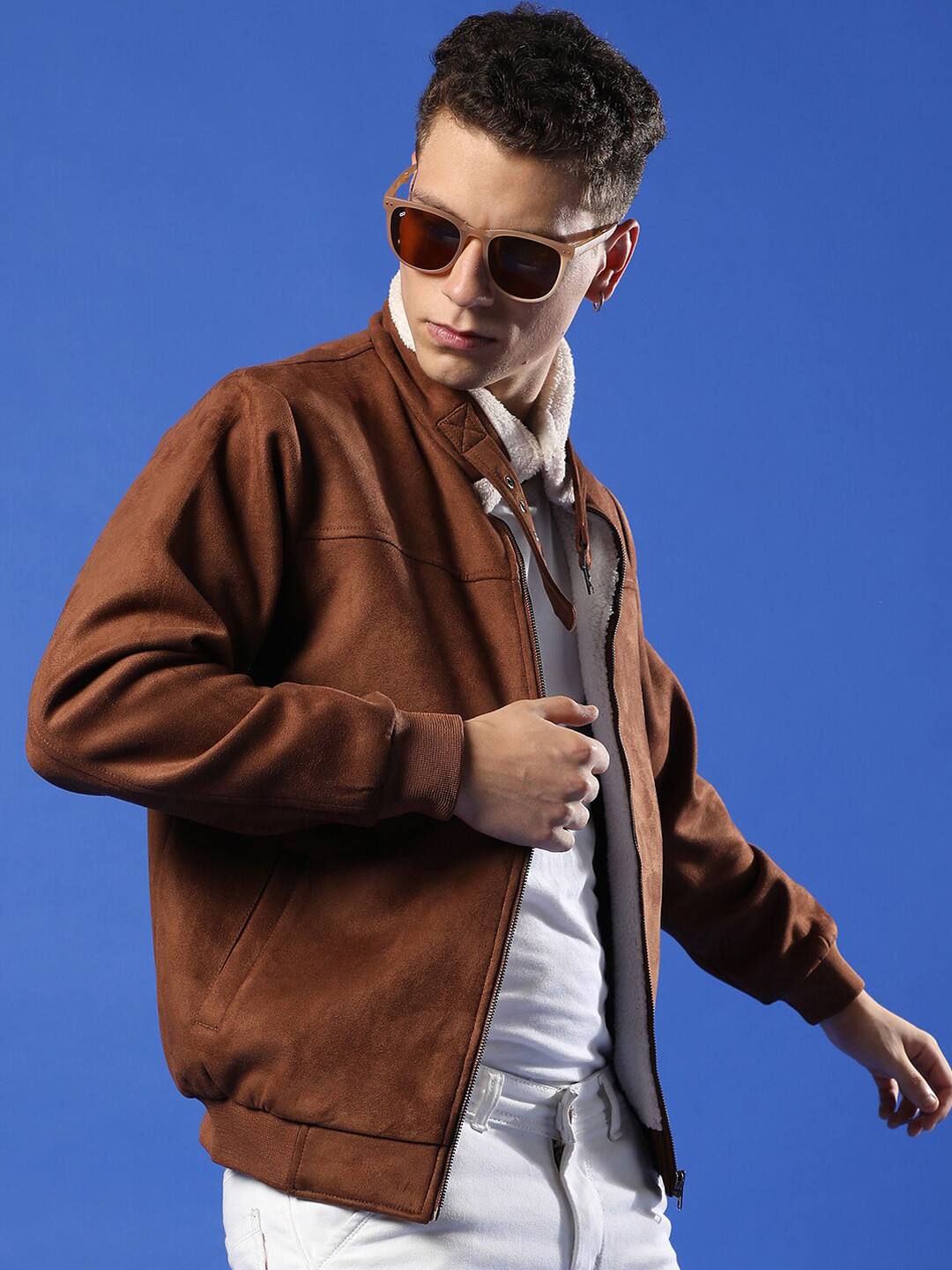 

Campus Sutra Zip-Front Windcheater Stand Collar Suede Tailored Jacket, Brown