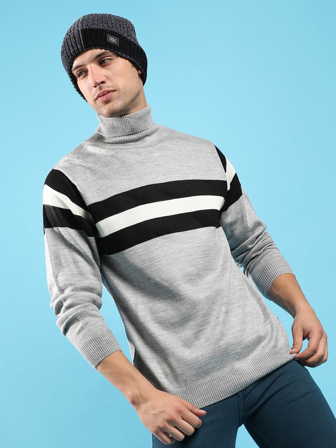 

Campus Sutra Striped Woollen Pullover, Grey