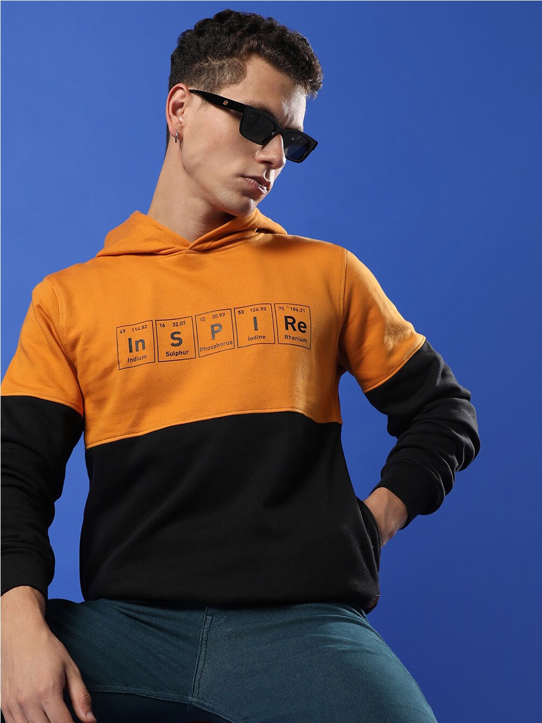 

Campus Sutra Colourblocked Hooded Cotton Pullover Sweatshirt, Mustard