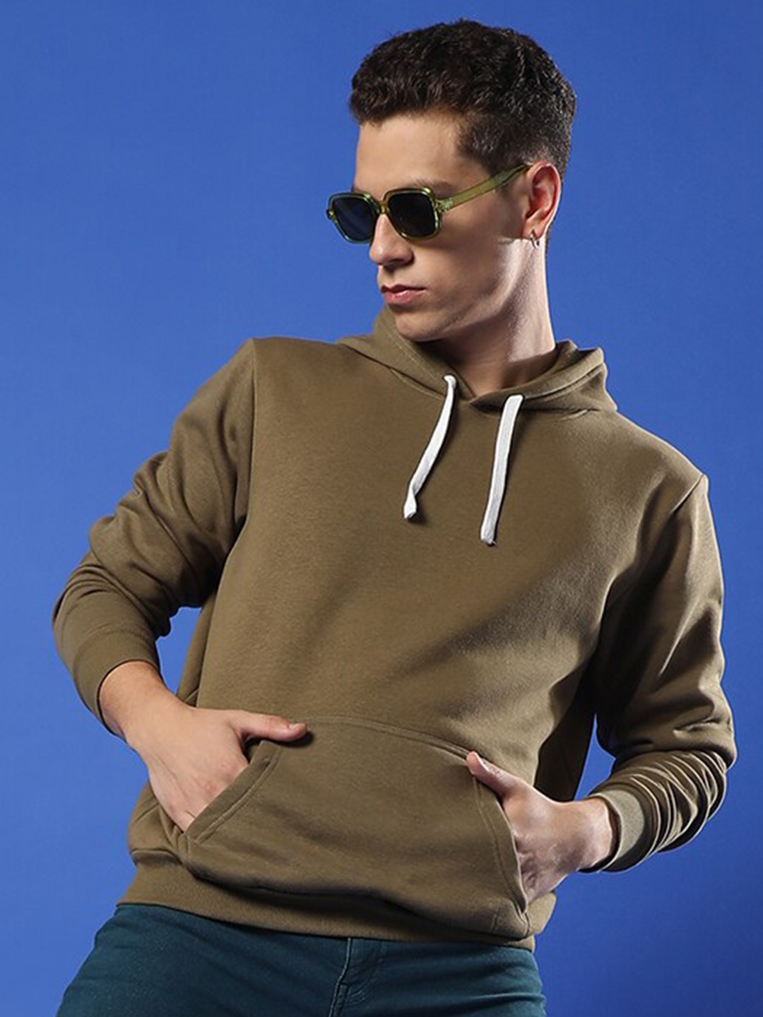 

Campus Sutra Olive Green Hooded Cotton Sweatshirt