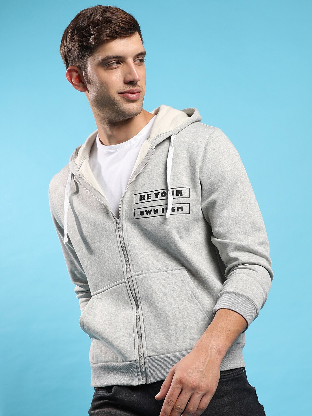 

Campus Sutra Grey Typography Printed Hooded Front-Open Cotton Sweatshirt