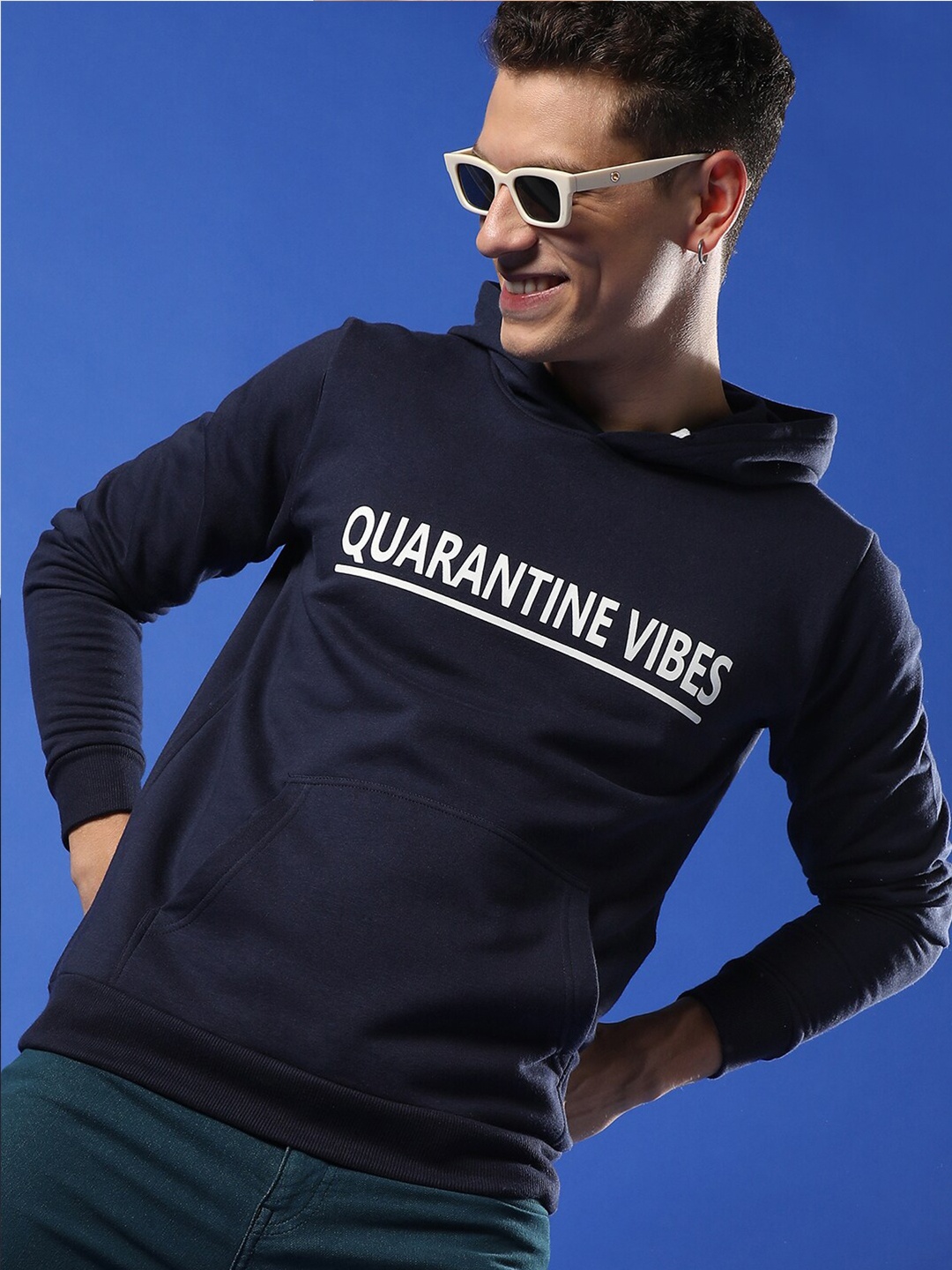 

Campus Sutra Typography Printed Hooded Cotton Pullover, Navy blue