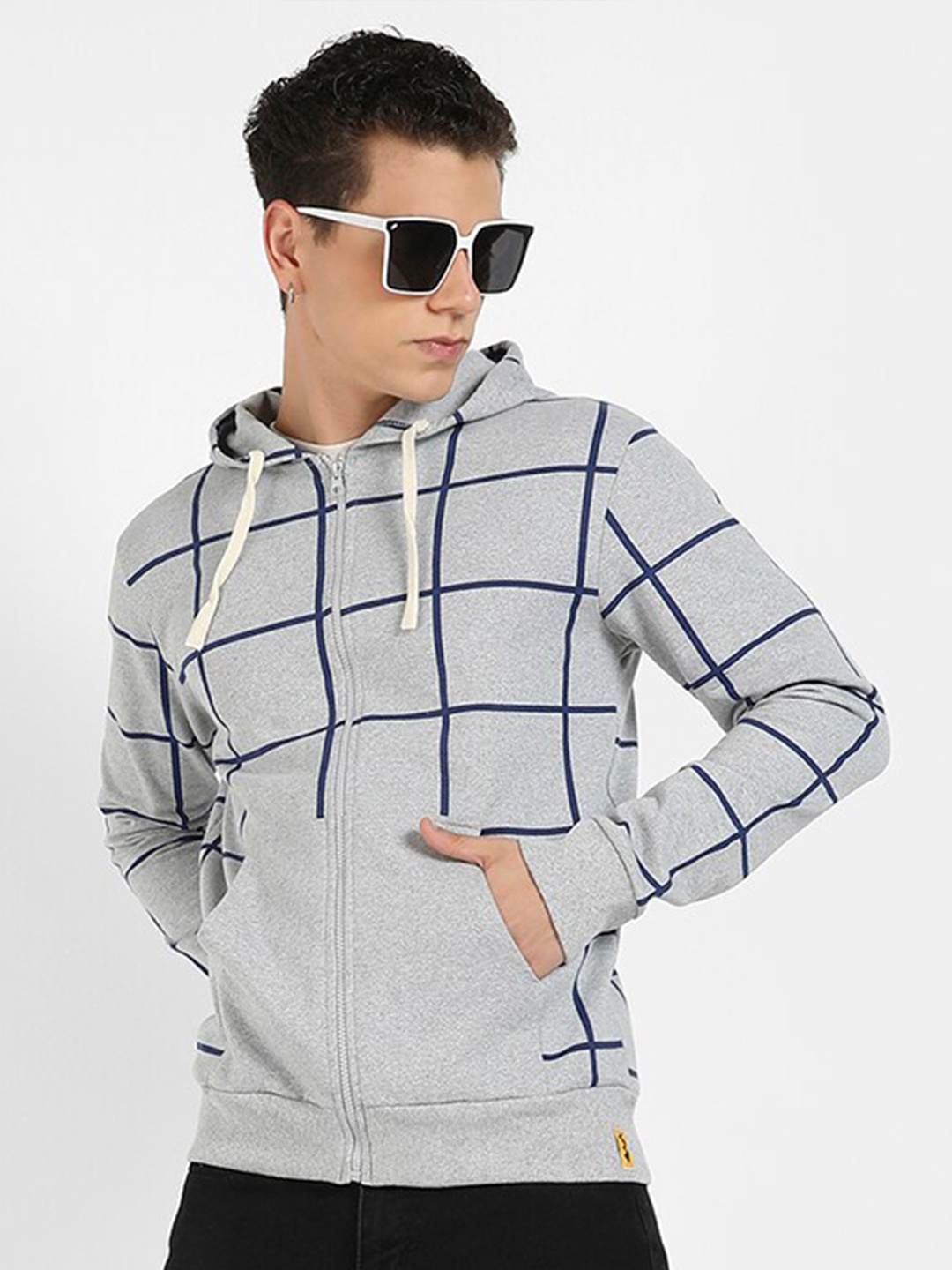 

Campus Sutra Checked Hooded Cotton Front Open Sweatshirt, Grey