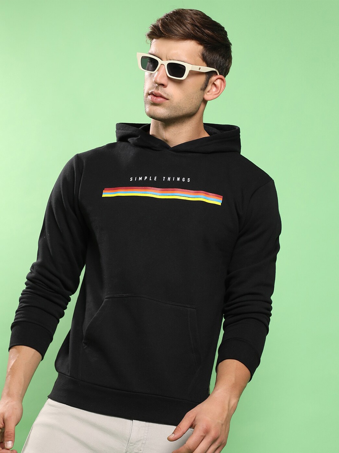 

Campus Sutra Typography Printed Hooded Cotton Pullover, Black