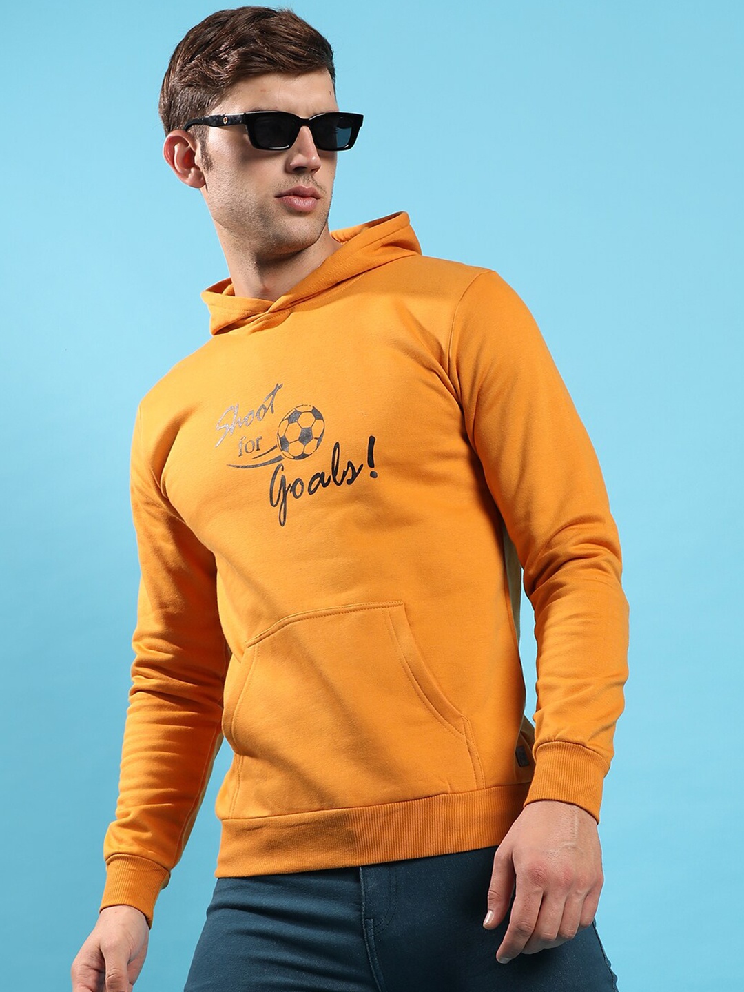 

Campus Sutra Typography Printed Hooded Cotton Pullover, Mustard