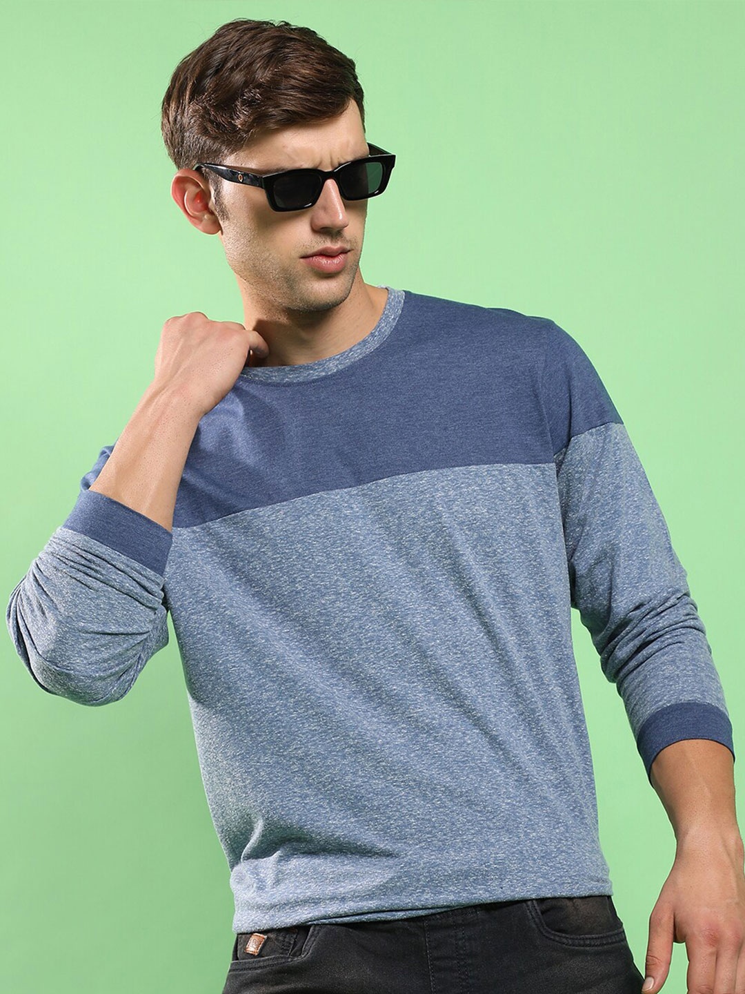 

Campus Sutra Blue Colourblocked Cotton T-shirt