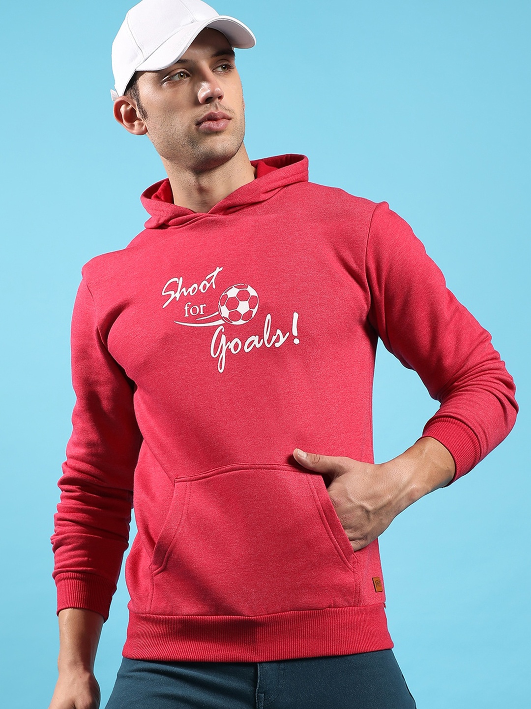 

Campus Sutra Typography Printed Hooded Cotton Pullover, Red