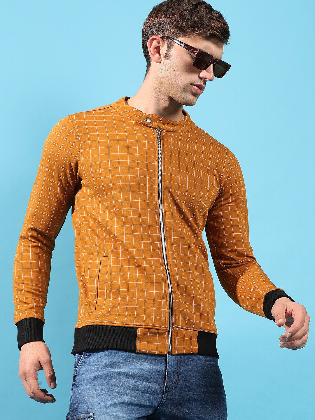 

Campus Sutra Mustard Checked Band Collar Cotton Sweatshirt