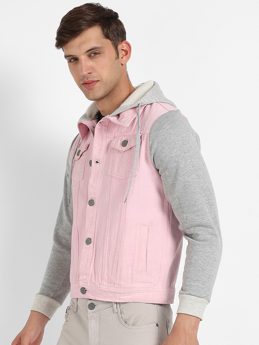 

Campus Sutra Hooded Windcheater Cotton Denim Jacket, Pink