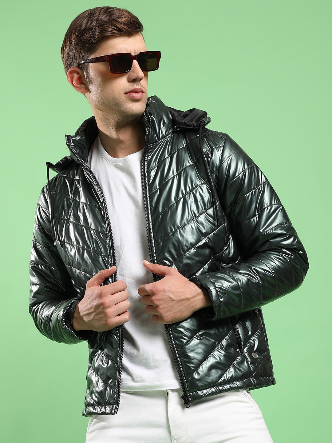 

Campus Sutra Windcheater Hooded Puffer Jacket, Green