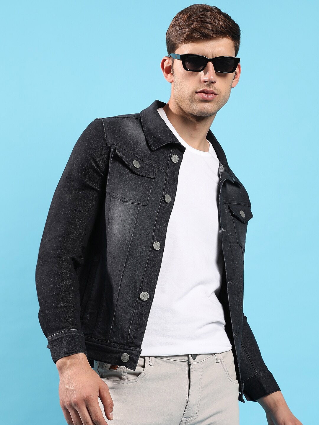 

Campus Sutra Spread Collar Long Sleeve Windcheater Cotton Denim Jacket, Black