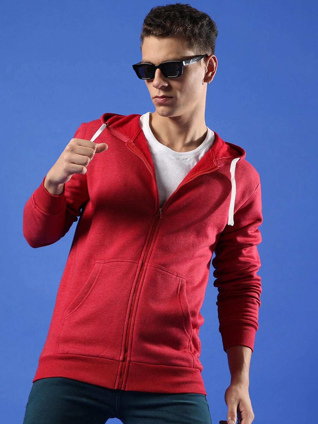

Campus Sutra Hooded Cotton Front Open Sweatshirt, Red