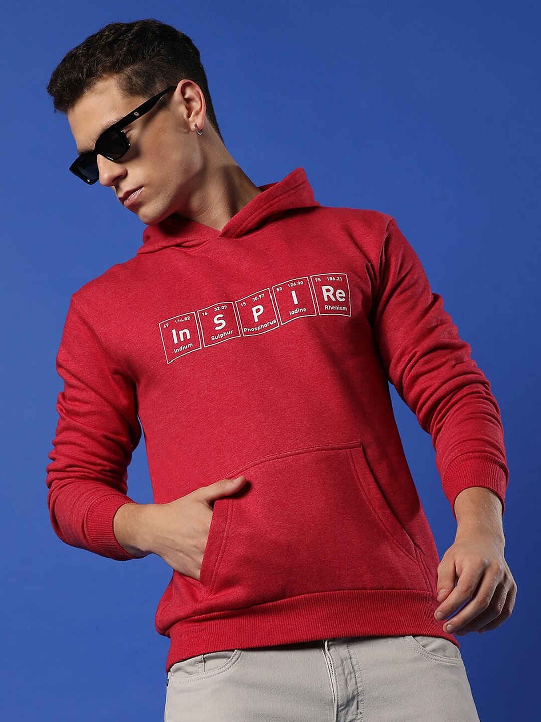 

Campus Sutra Typography Printed Hooded Cotton Pullover Sweatshirt, Red