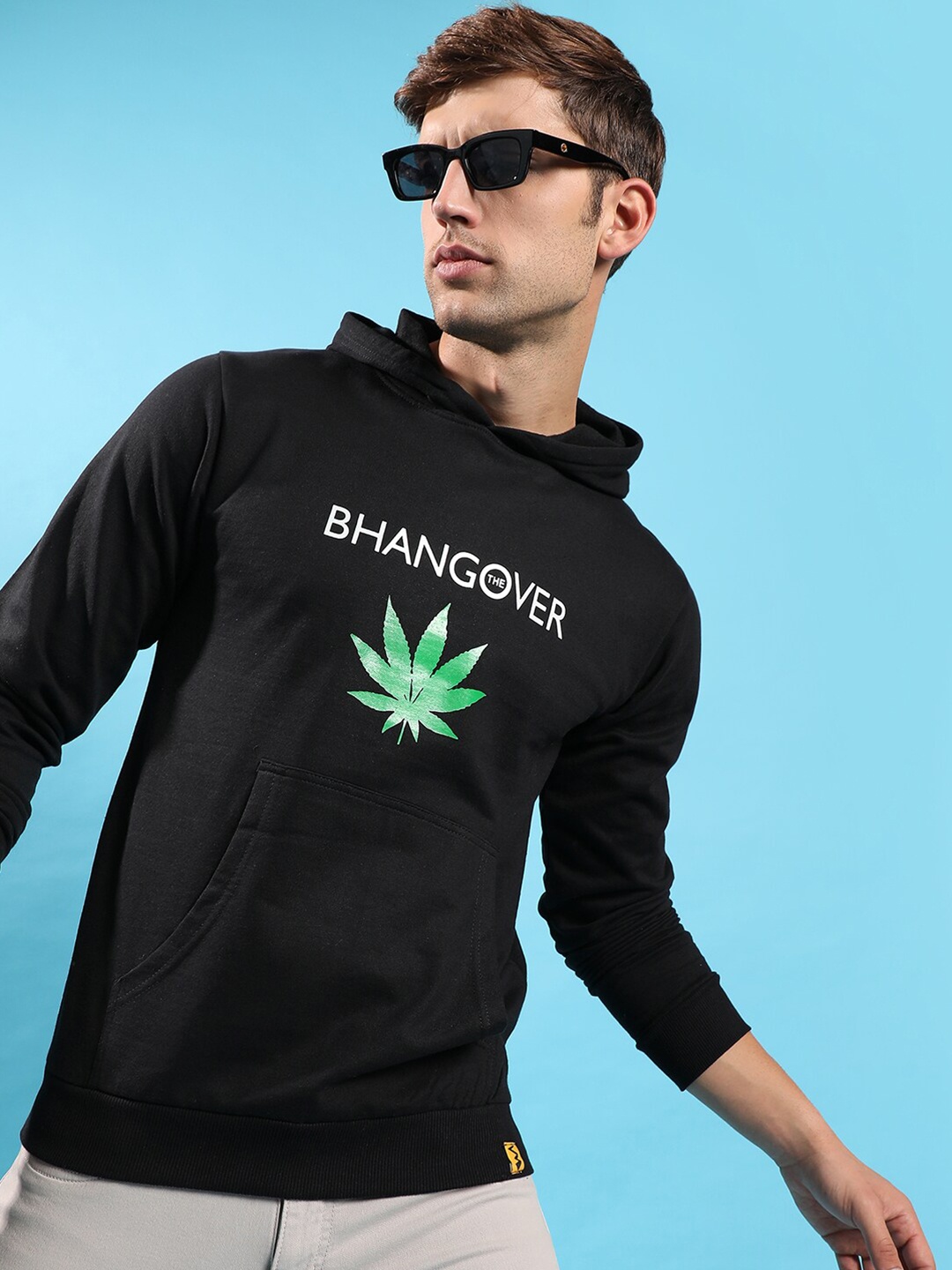 

Campus Sutra Typography Printed Hooded Cotton Pullover Sweatshirt, Black