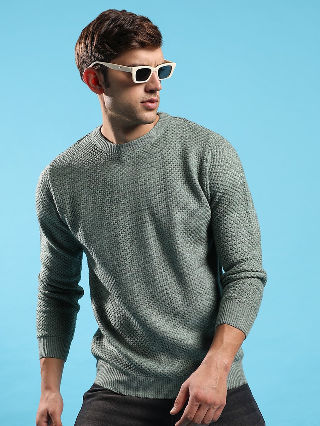 

Campus Sutra Round Neck Ribbed Pullover, Green