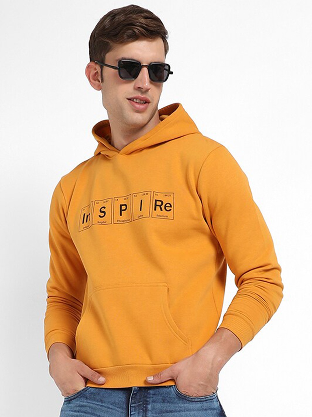 

Campus Sutra Printed Hooded Cotton Sweatshirt, Mustard