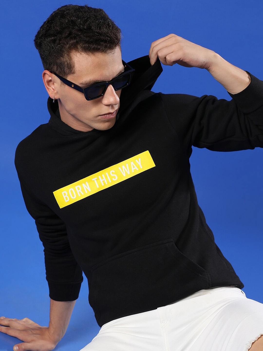 

Campus Sutra Typography Printed Kangaroo Pocket Hooded Cotton Pullover Sweatshirt, Black